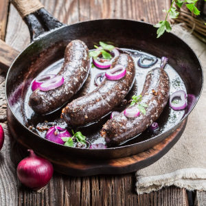 Tasty black pudding with onion and parsley